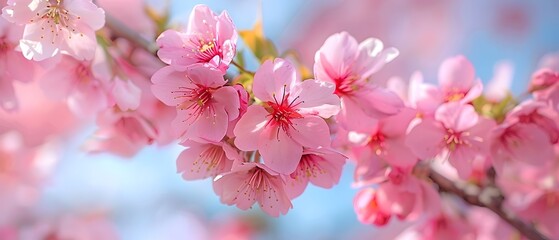 Obraz premium a close-up of cherry blossoms in full bloom against a clear blue sky. cherry blossom bloom, nature photography, springtime blossoms