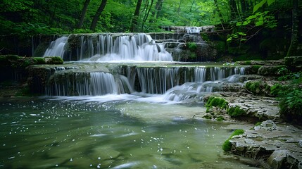 a lush green forest waterfall with crystal-clear water cascading down. lush green waterfall, aquatic nature