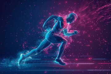 Obraz premium An athlete in human form sprinting with digital wireframe neon. Generative Ai
