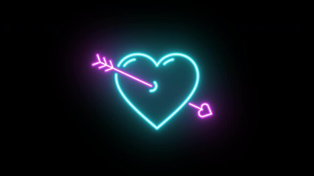 Neon love heart, color shift animation. Glowing neon heart icon with cupid arrow, looped color blink animation. Sweet love and passion, romantic date, amore, love feeling. Magenta, azure colors