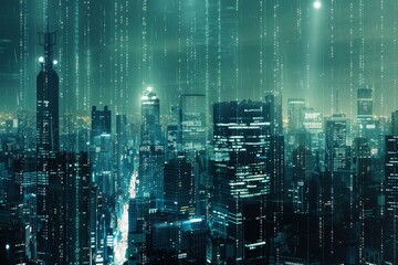 Obraz premium A bustling cityscape revealing a digital world beneath the surface.
