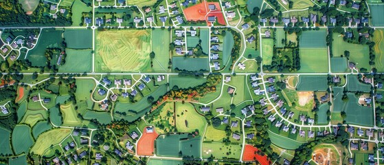 Fototapeta premium A view of a residential area with houses and a green field