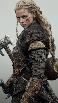 a blonde viking woman with armor and weapons in a dynamic pose