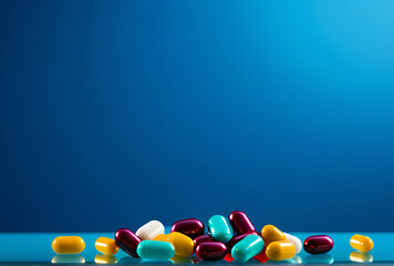 levitating multicolored tablets capsules blue background space text