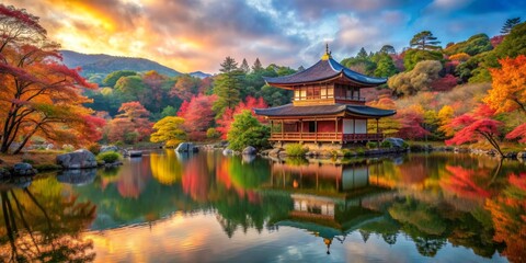 Fototapeta premium Golden Hour Reflection of a Japanese Temple, Japan, Autumn Colors, Landscape, Zen Garden, Kyoto, Temple