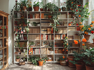 a room with a large bookshelf filled with books, and a rug on the floor.