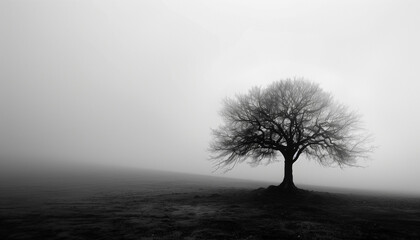 Fototapeta premium Solitary leafless tree in a misty, monochromatic landscape, creating a sense of calm and solitude.