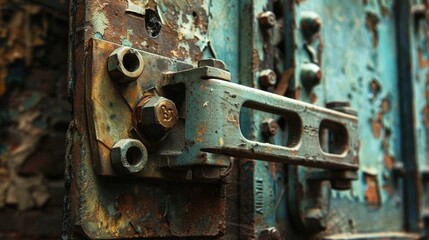 A rusted metal door with a bolt on it
