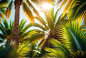 Naklejka premium summer background colorful array leaves palm trees summer shades creating artistic depiction tropical foliage sunlight shadows banner