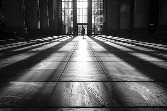 Dramatic Black and White Photography of Sunlit Interior with Long Shadows and Lone Figure