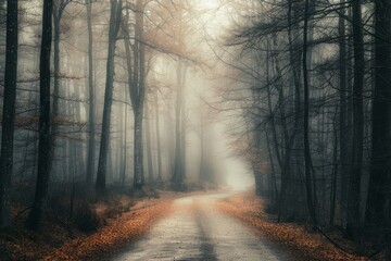 Obraz premium A fogy path in the forest, Hungary. Hungarian forest in the early morning fog.