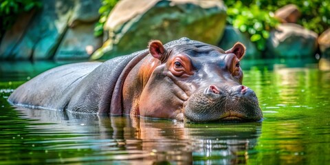 Fototapeta premium Hippopotamus Submerged in Water, Close-up Portrait, Lush Green Background, Wildlife Photography, hippopotamus, hippo, water