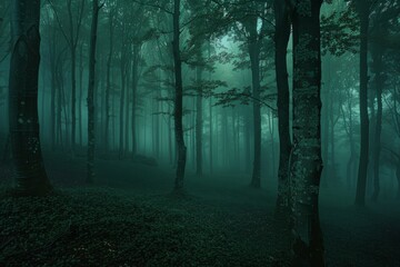Fototapeta premium This is a spooky foggy forest trail. There are shadows of trees which are illuminated by hard, harsh light coming from the right.