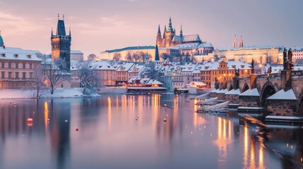 Obraz premium Historic European city covered in a light dusting of snow, romantic winter destination