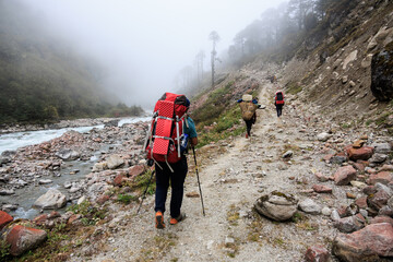 Guide with porters leaving the village of Olangchung Gola along the Tamor Nadi river on the Great Himalaya Trail (GHT) on a rainy day, Kanchenjunga region, Himalaya, Nepal