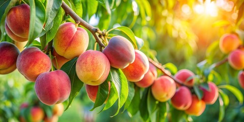 Juicy Peaches on a Branch, Close-Up, Sunlit, Summer Fruit, Peach Orchard, Peach Tree, Fruit