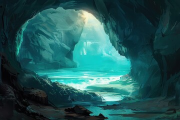 Bioluminescent cavern with a hidden waterfall and a mysterious figure