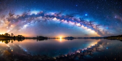 Obraz premium Milky Way Arching Over Still Lake, Night Sky Landscape, Stars Reflection, Astrophotography , milky way , night sky , landscape