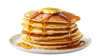 Tasty pile of fluffy pancakes covered in butter and drizzled with sweet maple syrup