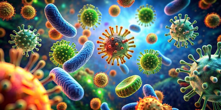 Microscopic World A Colorful Depiction of Viruses and Bacteria, 3D Render, Biology, Health, Disease