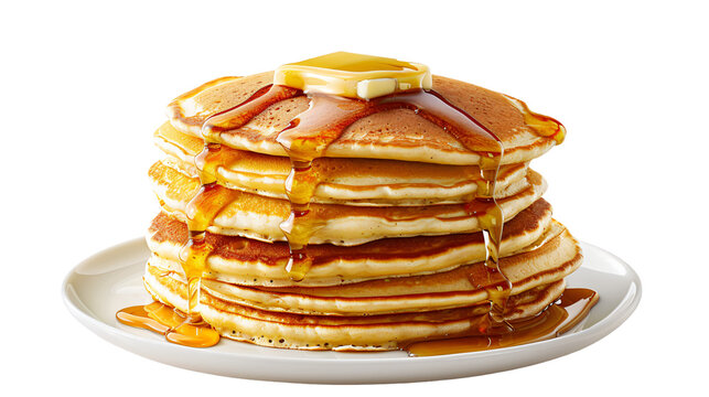 Tasty pile of fluffy pancakes covered in butter and drizzled with sweet maple syrup
