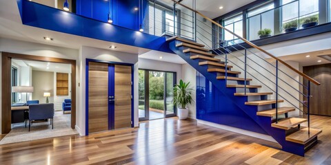 Modern Interior Design with Blue Accent Wall and Wooden Stairs, interior design, home decor, modern home , stairs