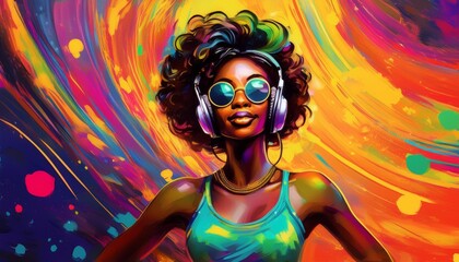 femme de diversité DJ qui écoute de la musique couleur vives  dans boîte de nuit  illustration