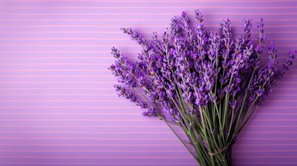 A bunch of purple lavender flowers are arranged in a vase on a purple background. The flowers are fresh and vibrant, and the purple background adds a sense of calm and relaxation to the scene