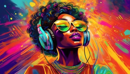  jolie femme DJ qui écoute de la musique couleur pop art avec écouteurs