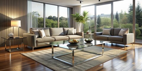 Modern Living Room with Grey Sofa and Glass Coffee Table, wood floor, interior design, furniture, home decor , modern living, contemporary interior