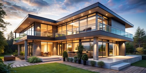 Fototapeta premium Modern Luxury Home with Sunset Sky and Lush Greenery, modern house, luxury home, architectural design, sunset sky