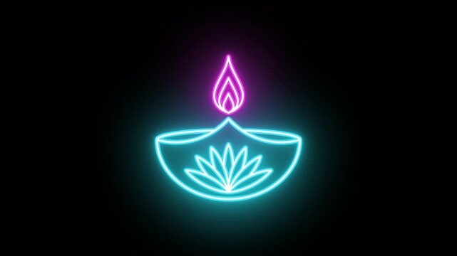 Neon Diya with fire, color shift animation. Glowing neon Diya lamp, looped color animation. Happy Diwali, Deepavali oil candle, Diya oil lamp with lotus flower. Azure, magenta colors