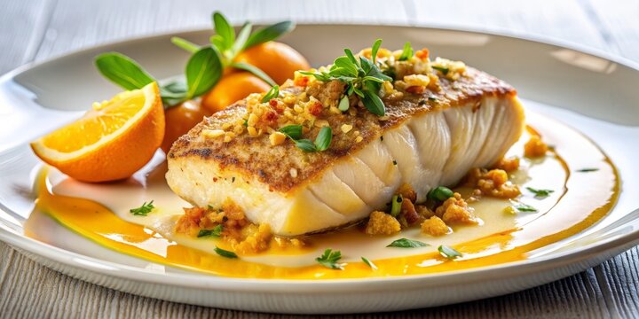 Pan-Seared Fish with Orange Sauce and Toasted Crumbs, fish dish, seafood, orange sauce, gourmet food