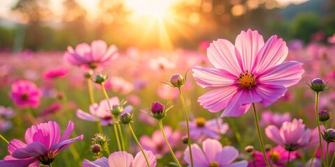 Pink Cosmos Flower Field at Sunset, flowers, sunset, field, bloom, nature