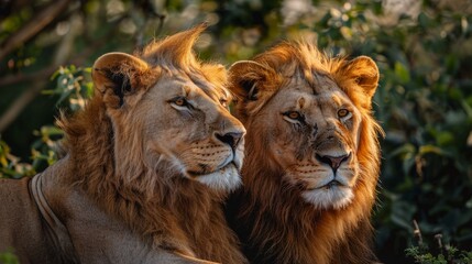 Fototapeta premium Two majestic lions resting together in the wild at sunset