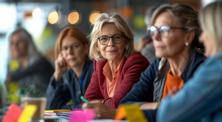 A diverse group of mature women participate in a discussion around a table, Collaborative working environment, experienced and teamwork with positive attitude.