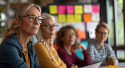 Obraz premium Four middle-aged women attentively participating in a meeting. The background is filled with colorful sticky notes on a glass wall, indicating a collaborative and creative environment.