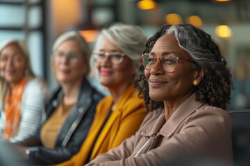 Fototapeta premium a diverse group of middle-aged women sitting together in a professional setting. They are attentively engaged, reflecting confidence and experience. The background shows a modern office environment.