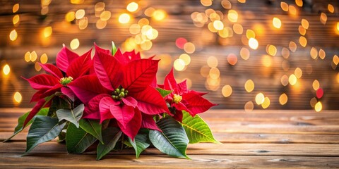 Red Poinsettia with Golden Bokeh on Wooden Background, Christmas , Holiday , Flower , Festive