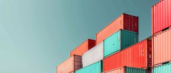 Fototapeta premium A row of red and blue shipping containers are stacked on top of each other