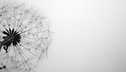 Obraz premium Black and white close-up of a delicate dandelion seed head, with intricate details against a minimalistic, plain background.