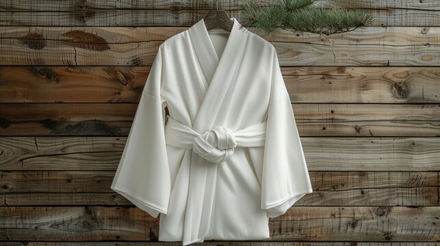 Elegant white kimono draped on wooden background