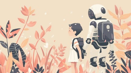 Fototapeta premium A Robot and a Child Journey Through a Lush Forest