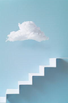 White cloud above minimalist step ladder on blue backdrop. Generative AI image