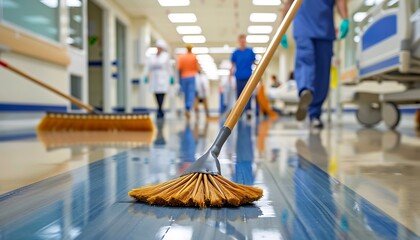 Clean hospital floor being polished, broom in action, medical staff walking, color photography, sharp detail.