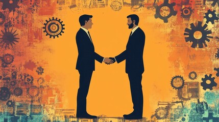 Two men are shaking hands, symbolizing a partnership or agreement, set against a vibrant, abstract background with industrial elements like gears and machinery, suggesting themes of industry