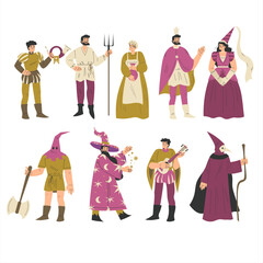 Medieval People Character in Standing Pose Wear European Costume Vector Set