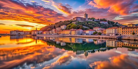 Sunset Reflection over Coastal Town, Italy, cityscape, reflection, golden hour, Italy