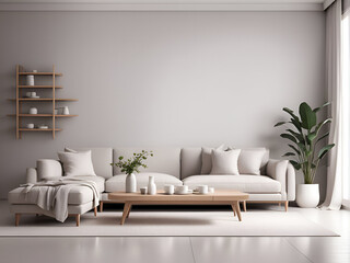 Cozy living area scene. Interior of living minimal style with empty space for products presentation or text for advertising.