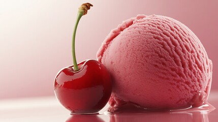 A cherry next to a scoop of cherry-flavored ice cream, emphasizing the contrast between the fuzzy skin and the smooth ice cream